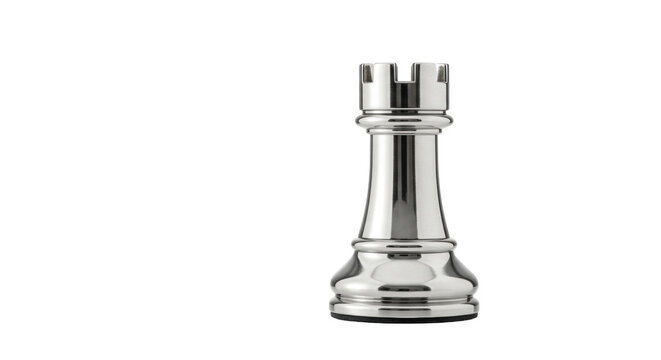 Silver rook chess piece isolated on white, shiny metal chessman for board game strategy and competition