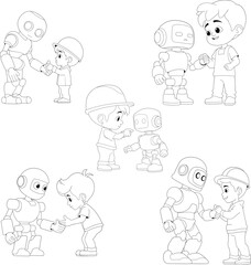 Coloring Book Vector Set of Robots and Humans Working Together