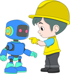 Construction Worker Giving Instructions to AI Robot Cartoon Vector Illustration