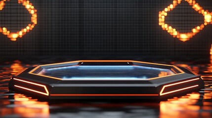 a futuristic electric car, elegant and sleek design, hexagonal front grille with glowing orange lights, glossy black finish, advanced technology, dramatic lighting, seamless integration of design elem