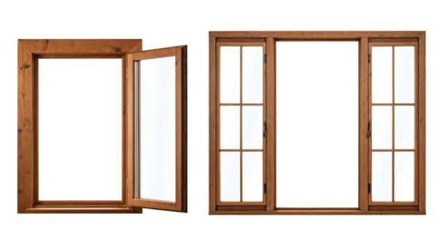 Wooden window frames in open and closed positions on a transparent background