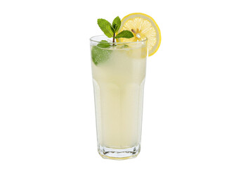 Refreshing lemonade in tall glass isolated, garnished with lemon slice and mint leaves, a cool summer drink for hot days