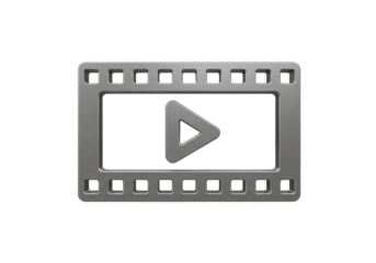 Metal film strip with play button isolated on transparent background, video player icon in silver for multimedia and entertainment
