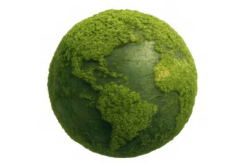 Green earth globe having continents made of lush moss, symbolizing nature, ecology, environment, and organic growth, on transparent background