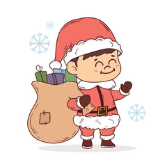 Cute little boy in Santa Claus costume with a sack of gifts. Christmas vector illustration.