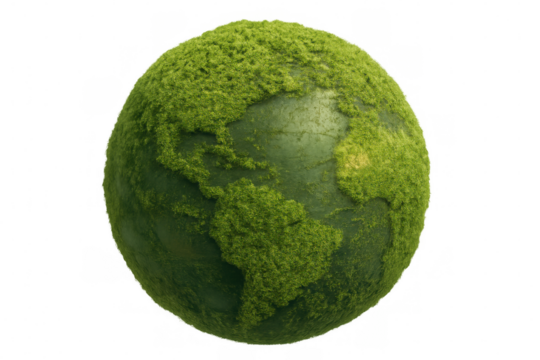 Green earth globe having continents made of lush moss, symbolizing nature, ecology, environment, and organic growth, on transparent background