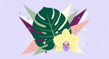 Fototapeta premium Tropical Monstera Leaf and Yellow Orchid with Geometric Shapes.