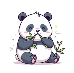 Chubby panda eating bamboo, kawaii style flat vector illustration, soft pastel colors