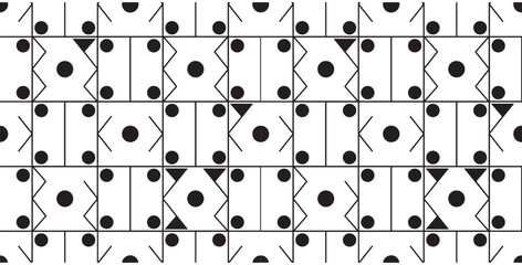Abstract geometric pattern with repeating black and white shapes and lines creating a modern decorative design