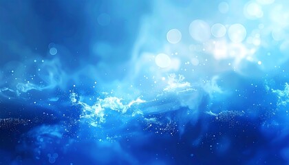 Abstract, ethereal composition featuring flowing clouds and sparkling light, with a predominantly blue color palette, creating a dreamlike effect