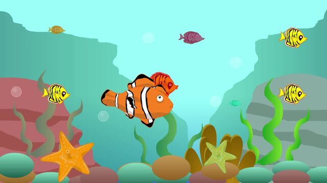 2D animation of a clownfish swimming at the bottom of the ocean with coral, animals, art.