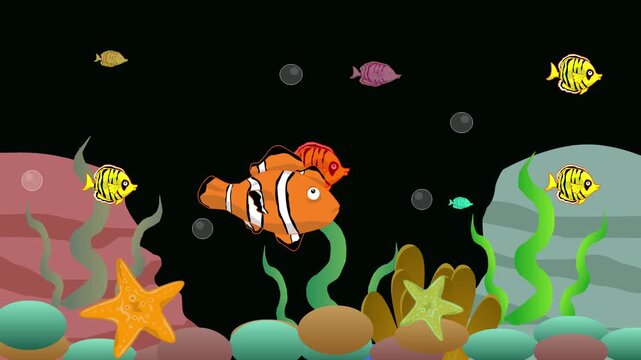 2D animation of a clownfish swimming in the dark ocean floor with coral, art, animals.