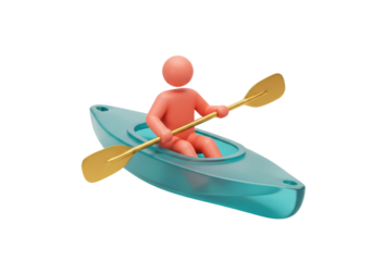3D rendering of a person kayaking, isolated PNG on transparent background, water sport activity for recreation and leisure