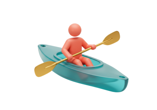 3D rendering of a person kayaking, isolated PNG on transparent background, water sport activity for recreation and leisure