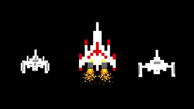Animation of three spaceships made in pixel art style with a black background, art, game, old.