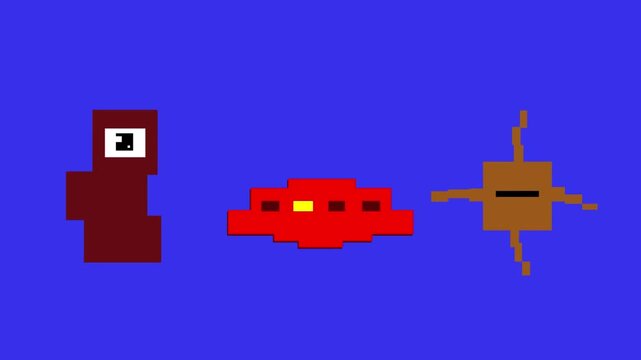 Animation of two alien monsters and a flying saucer made in pixel art style with a blue background, art, game, old.