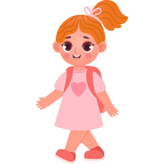 Cartoon illustration of a happy little girl with orange hair wearing a pink dress and backpack ready for school