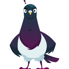 Cartoon Pigeon Character With Dark Purple And White Feathers Standing And Looking Confident With A Question Mark Above Its Head