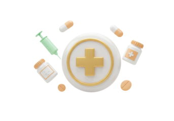 Medical cross with pills and syringe isolated on transparent PNG, healthcare and medicine concept for pharmacy and doctor s office