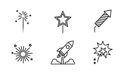 Fototapeta premium Collection of six simple line art fireworks and rocket illustrations isolated on white background