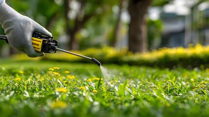Worker spraying pesticide on a green lawn outdoors for pest control: A close-up viewConcept Pesticide Application Pest Control Green Lawn Close-up Shot Outdoors 05092025Prasanth