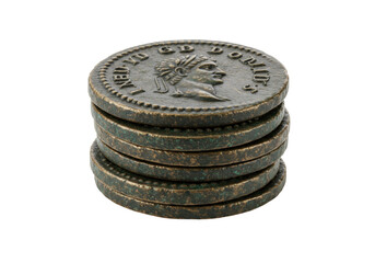 Stack of ancient Roman coins isolated, bronze currency with emperor portrait for numismatics and...