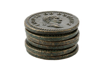 Stack of ancient Roman coins isolated, bronze currency with emperor portrait for numismatics and historical collection, no background
