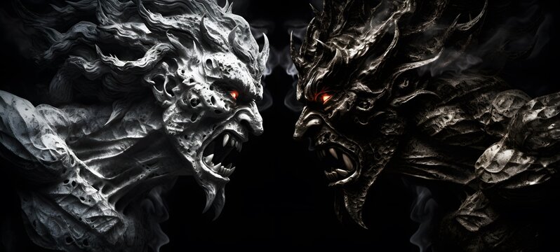 art of ifrit vs demon a black and white high contrast full bodys,generative AI