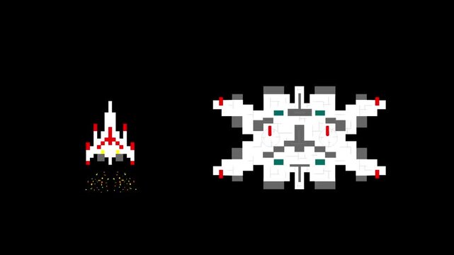 Pixel art animation of two spaceships with a black background, art, game, old.