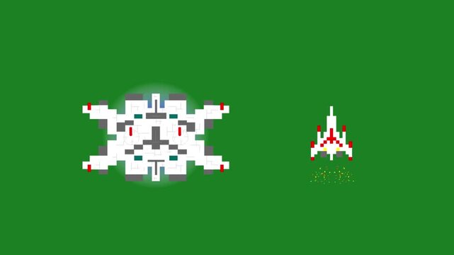 Pixel art animation of two spaceships with a green background, art, game, old.