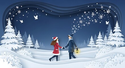Winter Romance - A Couples Snowy Stroll Under a Starry Sky.