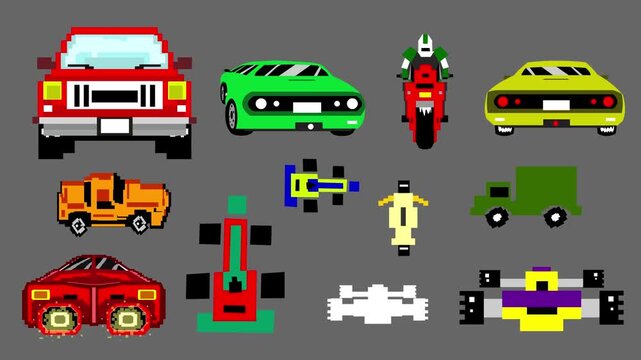 Pixel art animation with several moving vehicles and a gray background, Art, game, old.