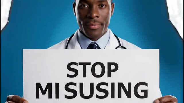 Doctor holding a sign that says stop misusing antibiotics to raise awareness about antibiotic resistance and promote responsible use of medication