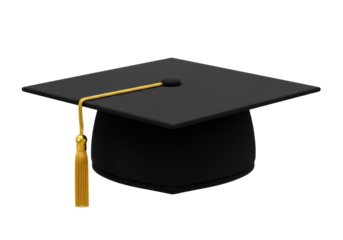 Black graduation cap isolated PNG, academic mortarboard with golden tassel for university or college ceremony on transparent background