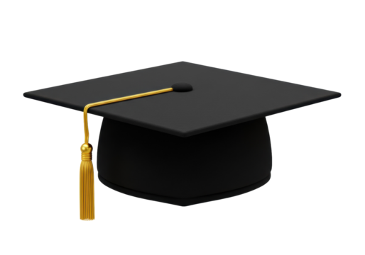 Black graduation cap isolated PNG, academic mortarboard with golden tassel for university or college ceremony on transparent background