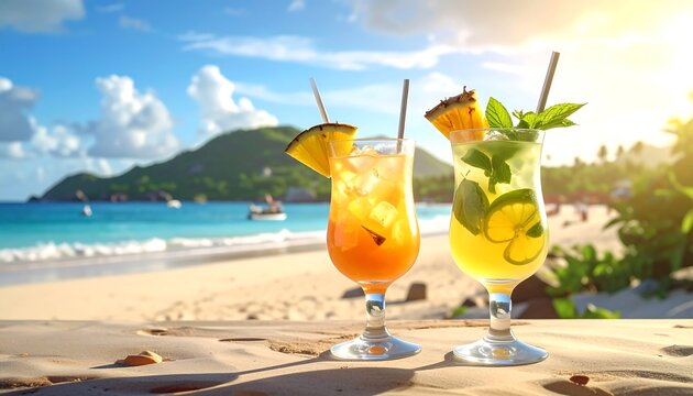 Two colorful cocktails on a wooden surface with a beach view backdrop - Powered by Adobe
