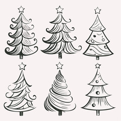 Obraz premium Minimalist vector set of Christmas tree icons. Includes line art and solid filled variations, representing holidays and winter season joy. Suitable for corporate and casual projects.