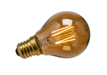 Vintage amber glass light bulb isolated, retro style Edison lamp with glowing filament on transparent background