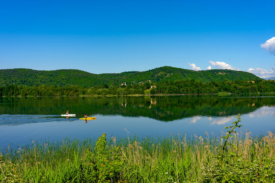 Spring landscape of Lake Comabbio in Varano Borghi, Varese, Lombardy, Italy 