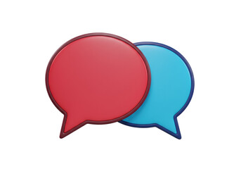 Two overlapping speech bubbles PNG isolated on transparent background, red and blue communication icons for social media and messaging