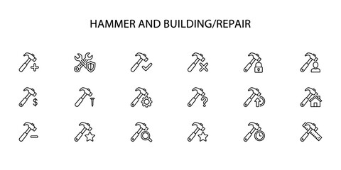 Naklejka premium Set of linear construction and repair icons with hammer and various symbols