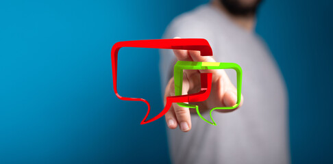 Man interacts with 3D speech bubbles, representing online chat and business communication, showcasing engagement and connection.