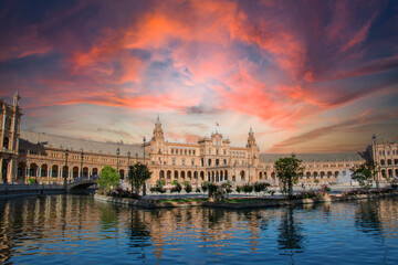 Seville, one of the most beautiful cities in the world, illuminated by sunset