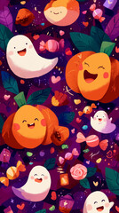 Obraz premium Cartoon backgrounds for Halloween with cute ghosts, witches, and pumpkins.