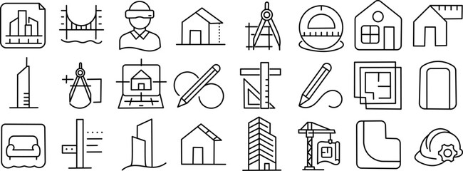 Architecture and Construction Stroke Icon Collection. Containing Building, Blueprint, Drafting, Structure, Design, and Engineering Outline Icons.