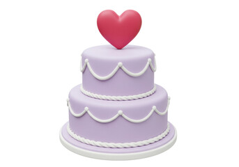 Two-tiered lavender cake with heart topper isolated on transparent background, celebration dessert for wedding or Valentine s Day