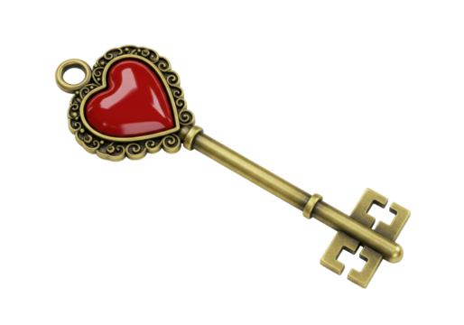 Antique heart-shaped key isolated on transparent background, vintage love symbol for Valentine s Day and romantic designs