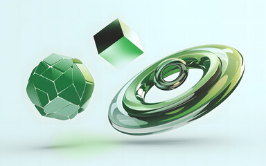 3D Green Abstract Geometric Shapes Isolated on Gradient Backdrop