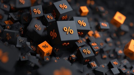 3D black cubes with percentage symbols on dark background, Black Friday sale poster design