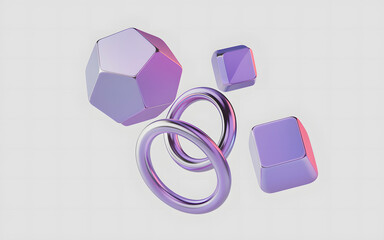 Abstract 3D Geometric Composition: Dodecahedron, Cubes, Torus Isolated on Transparent